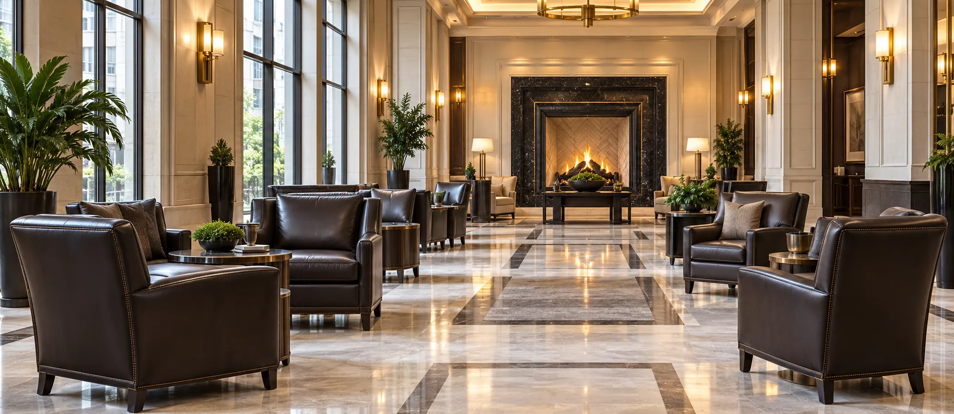 Leather lounge chairs lining a boutique hotel lobby