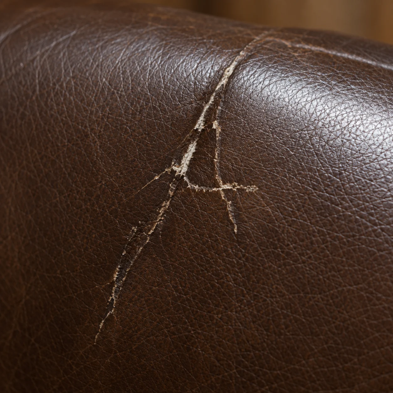 A single branching crack in brown leather