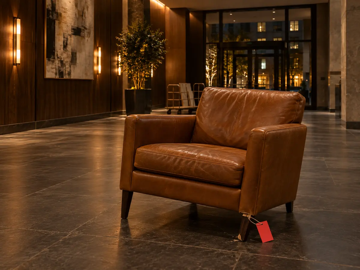 A lounge chair with a broken frame leg, tagged and set aside