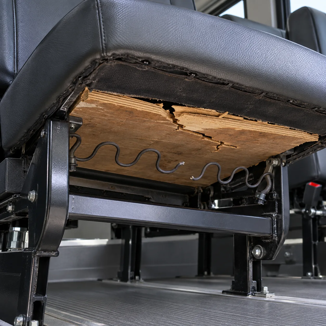 A broken seat board and snapped springs under a seat