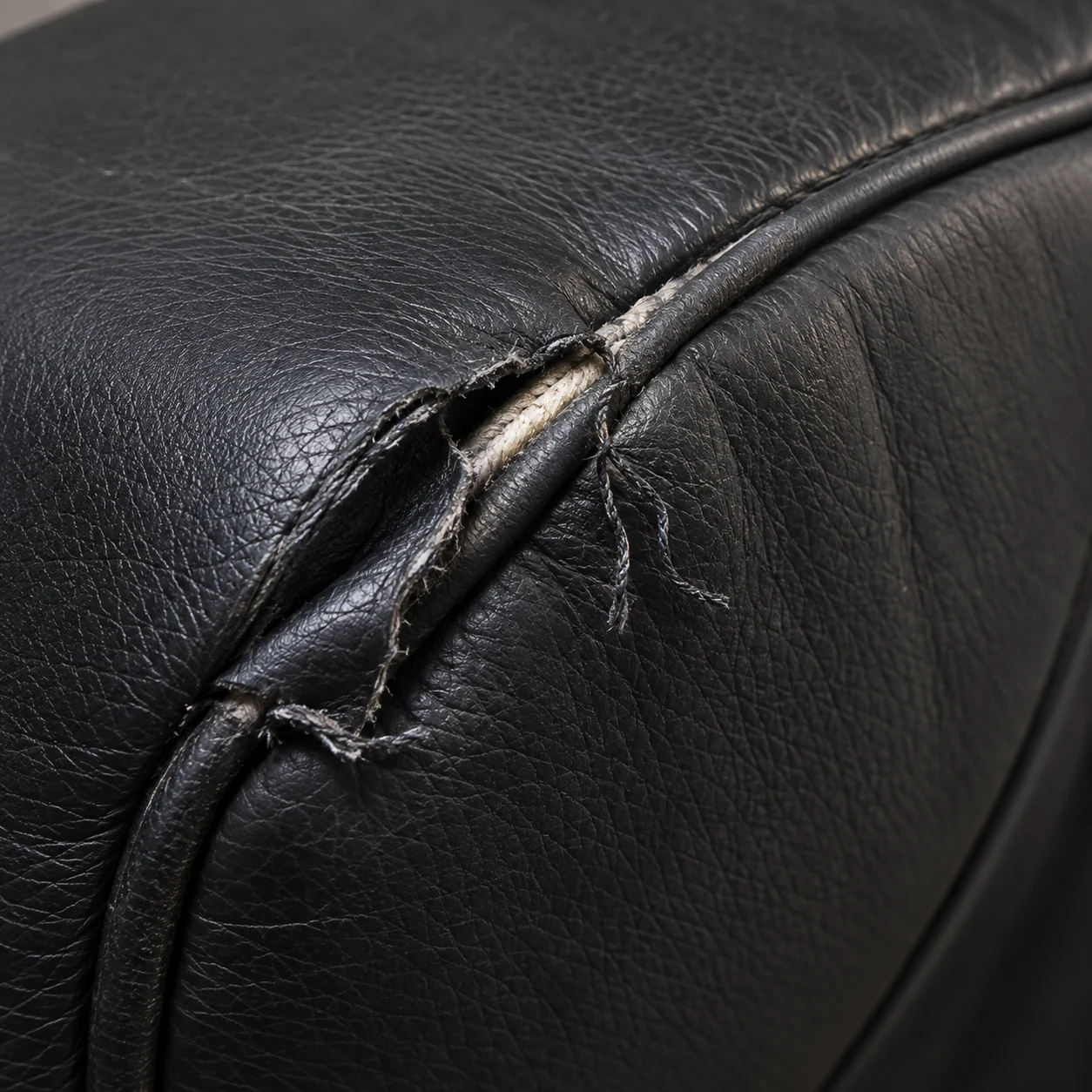 Broken stitching along black leather piping