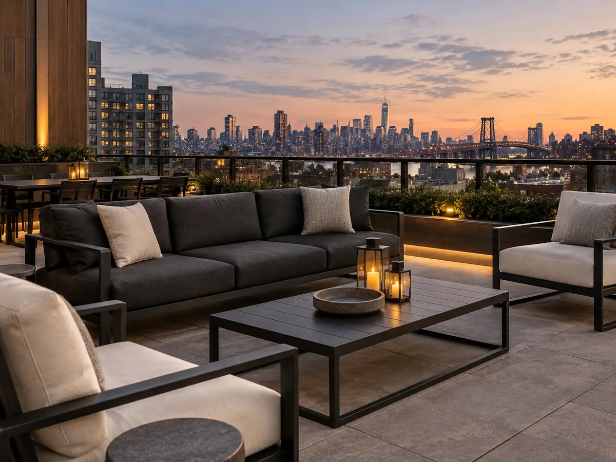 A rooftop lounge with sofas and cushions above the Brooklyn skyline at dusk