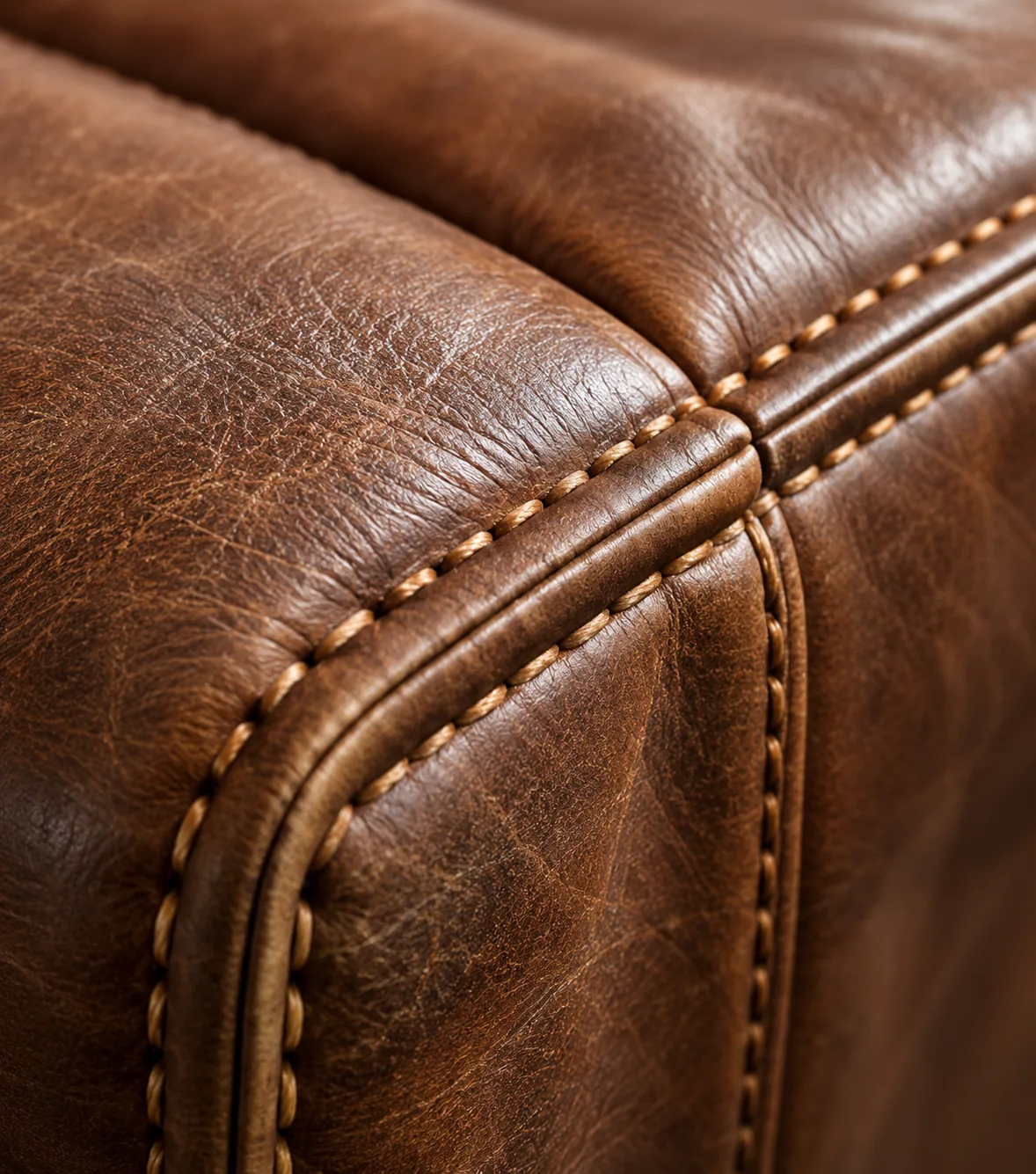 Brown bench welt with a contrast topstitch worked along the edge