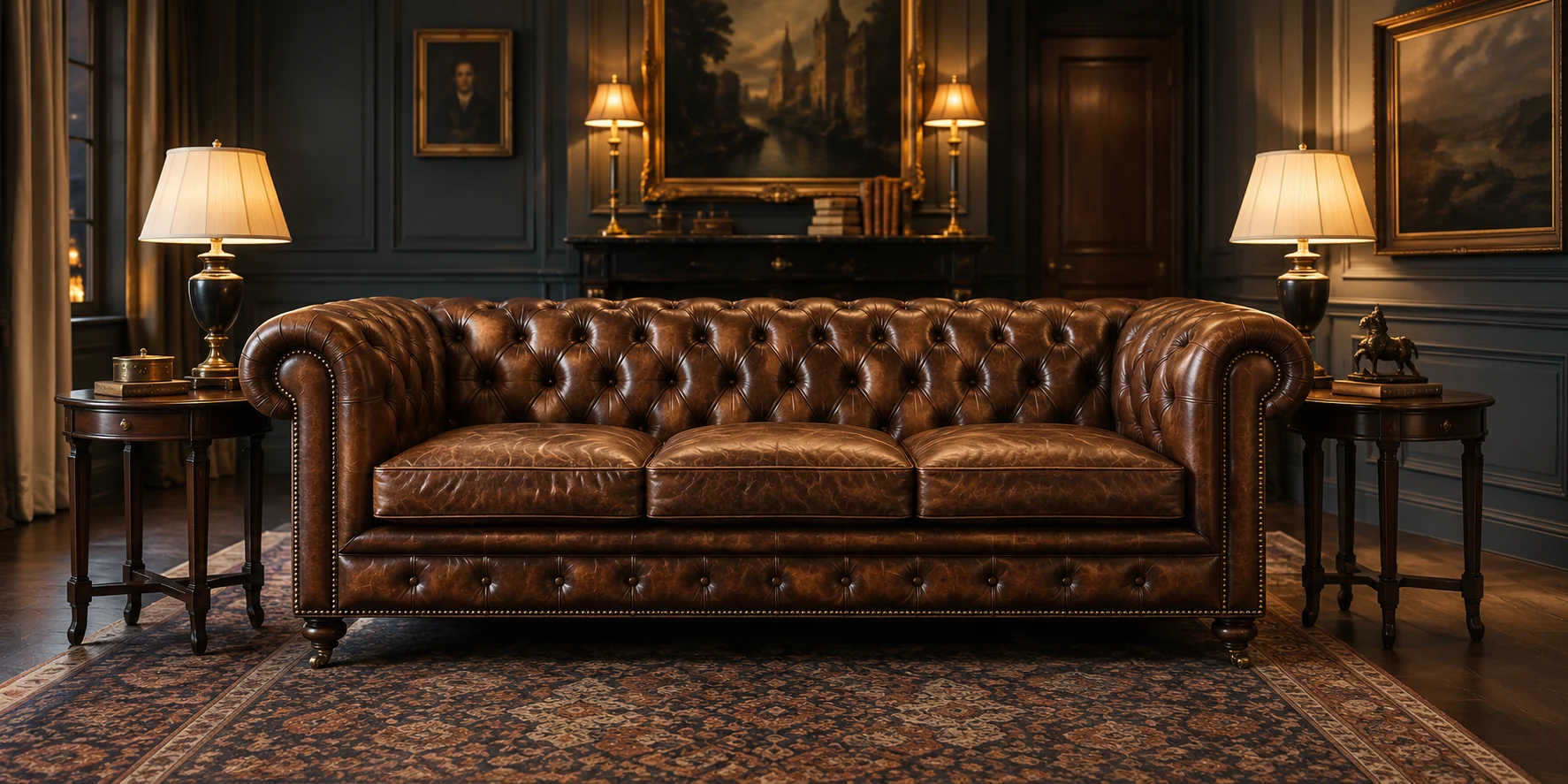 Brown chesterfield between two lamps