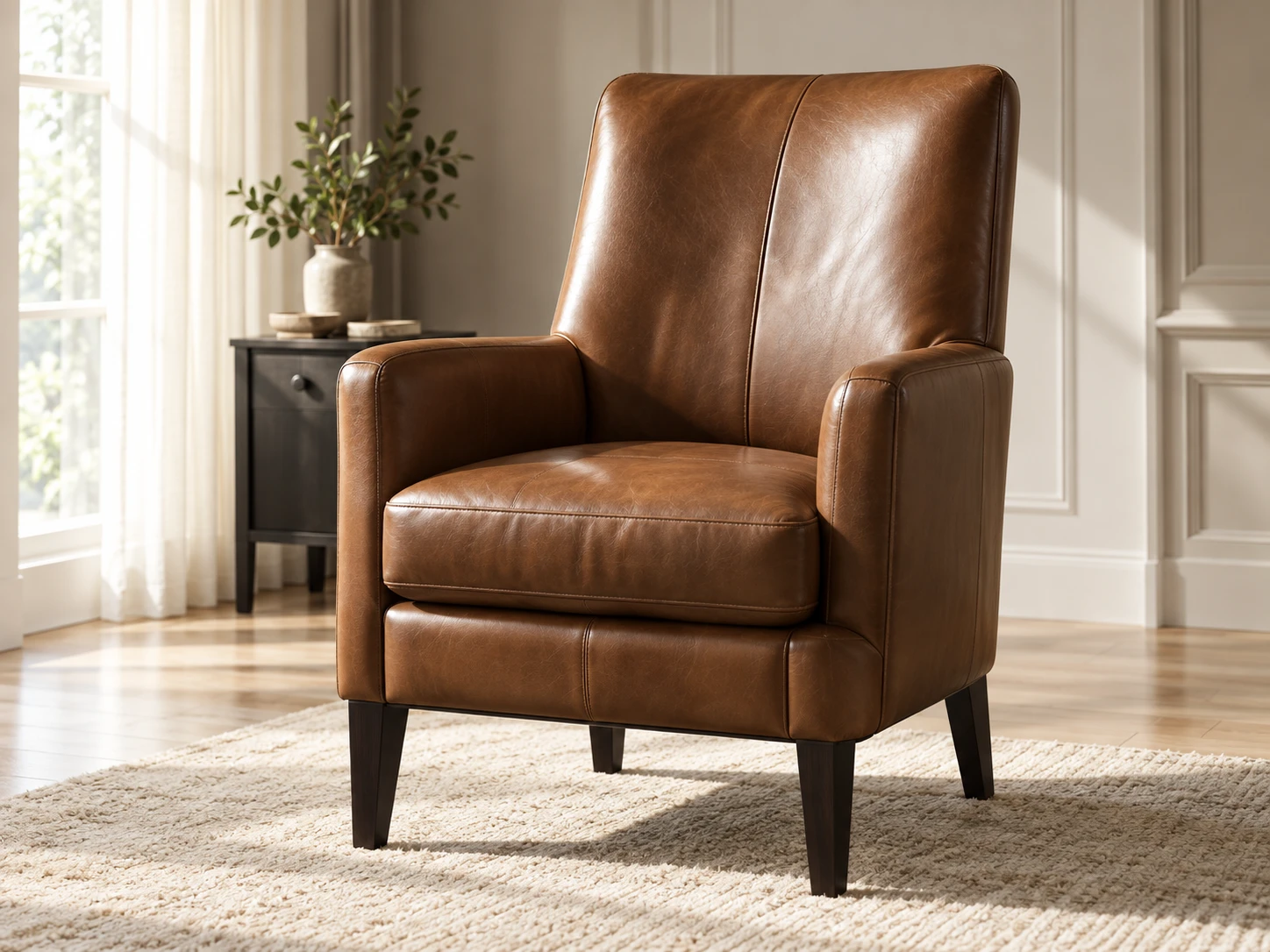 Brown leather armchair in a bright room