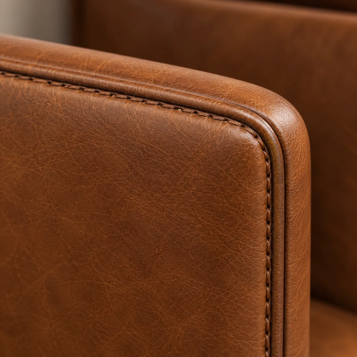 Brown bench edge with the welt seam running along the top face