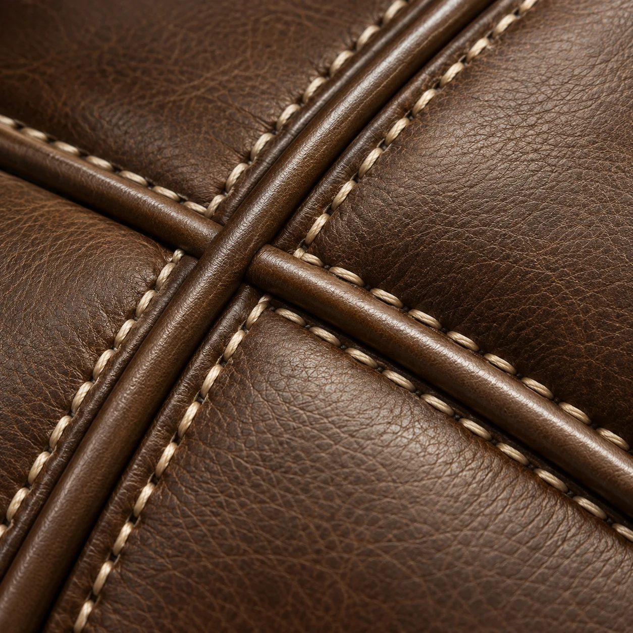 Brown leather chair seam crossing at a corner with cream contrast stitching