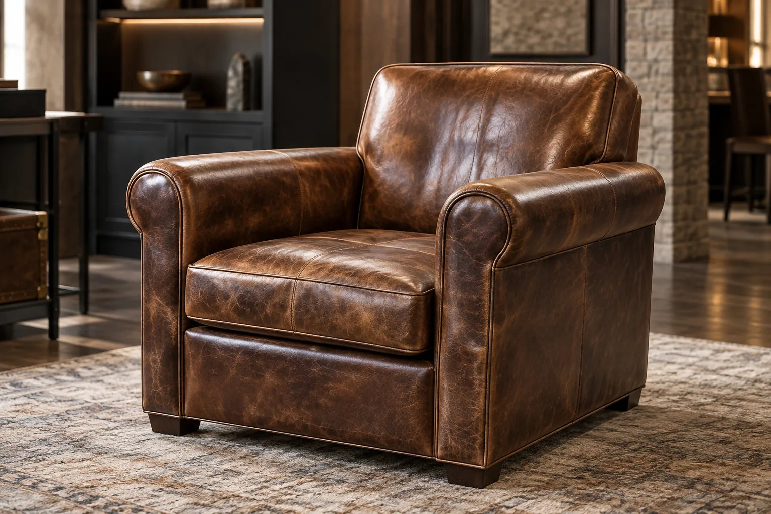 Brown leather club chair repaired in a private residence