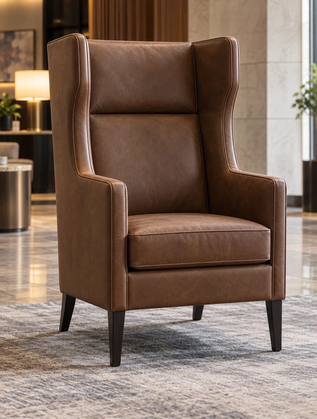 Brown leather lounge chair on wood legs