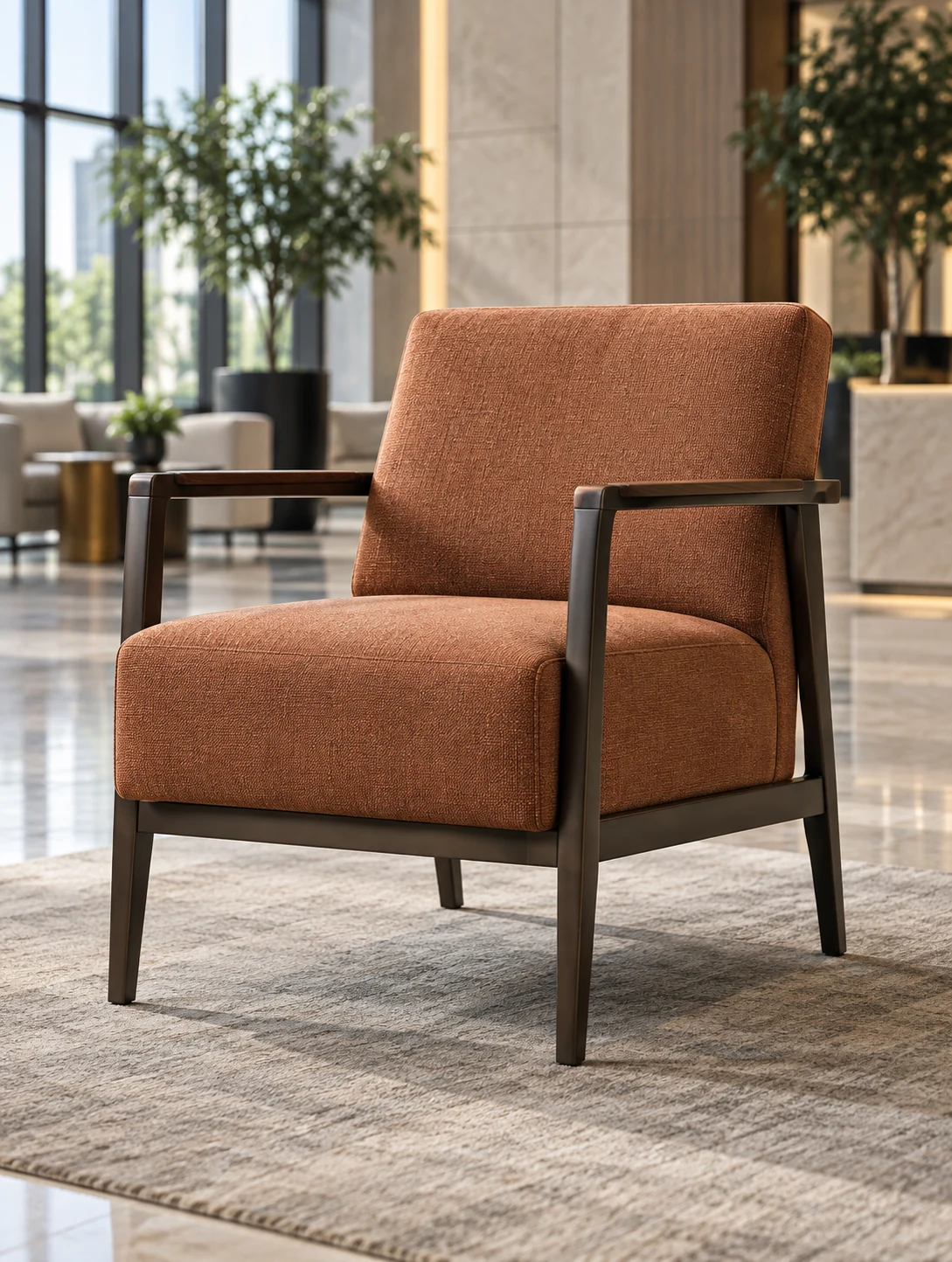Brown leather lounge chair set into an exposed dark wood frame