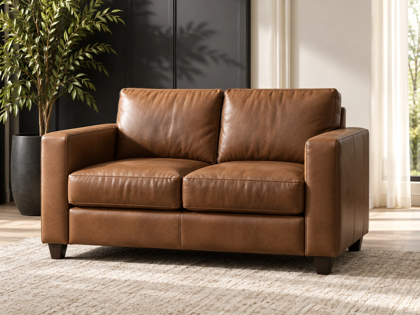 Brown leather loveseat by a window