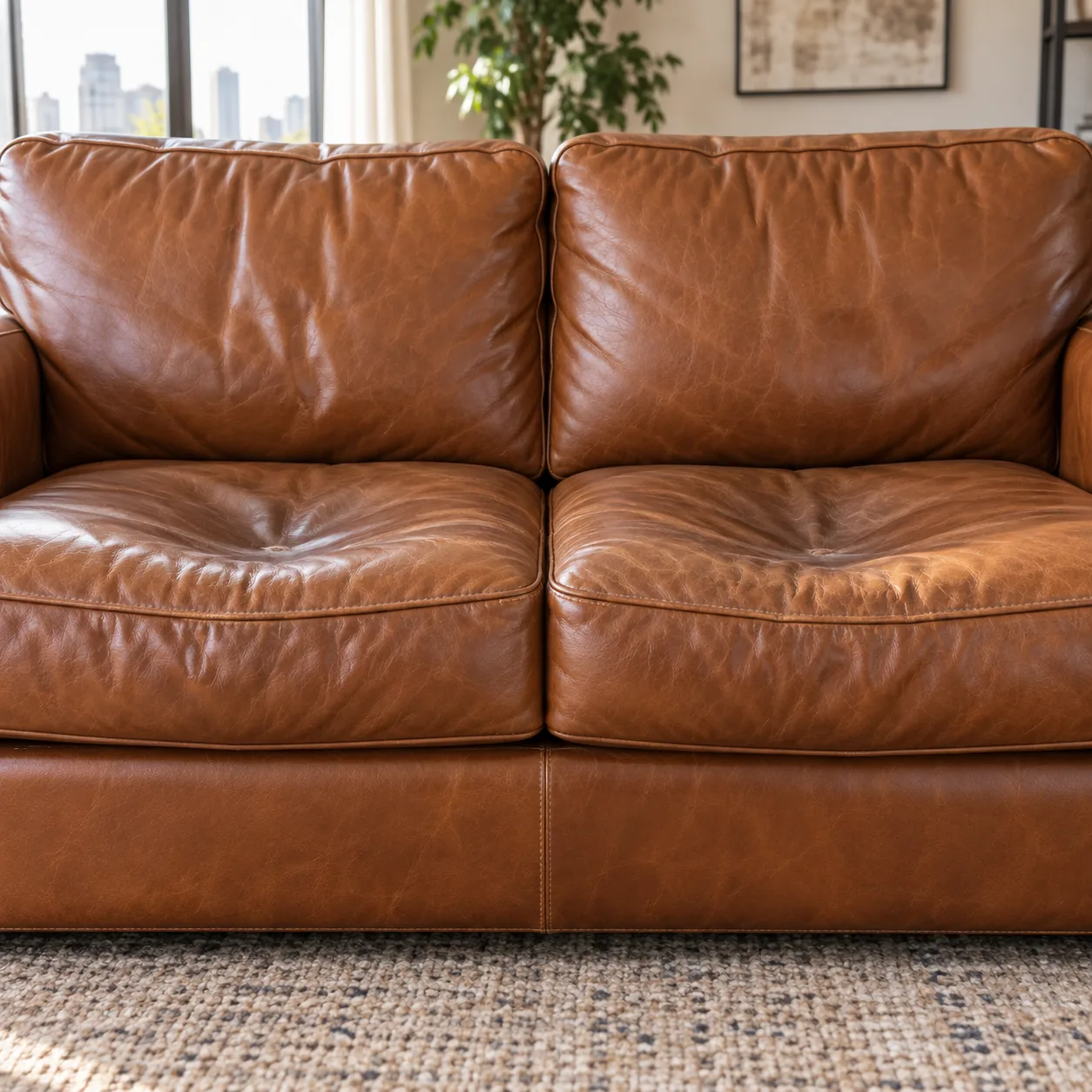 A brown leather loveseat staged by a window for a listing