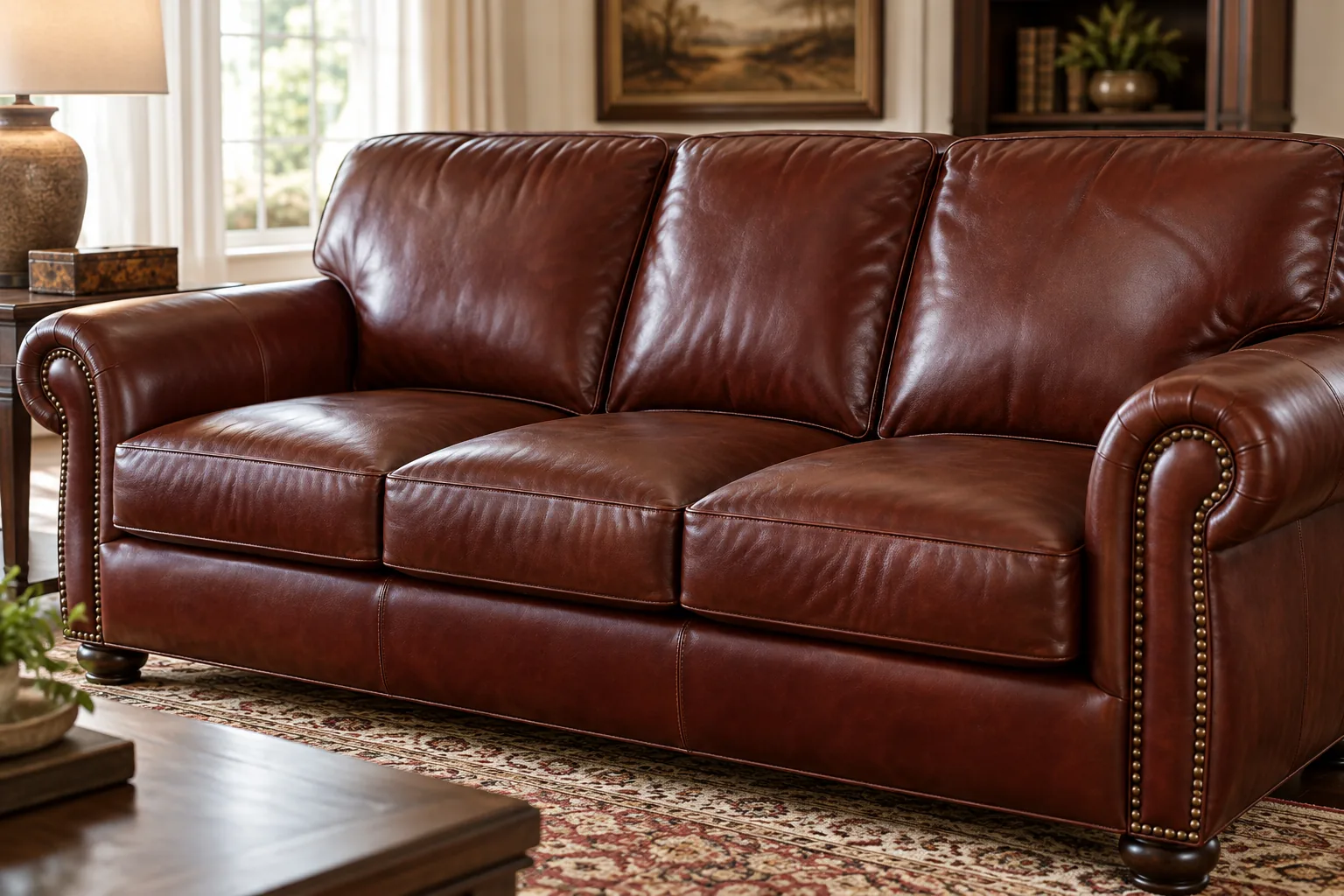 Restored brown leather sofa with nailhead trim in a traditional room
