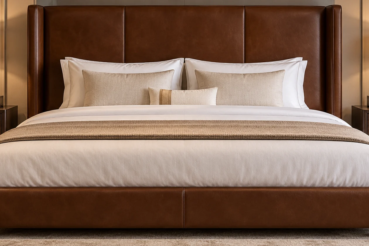 Brown leather panel bed seen square on, flat headboard panels above a low leather base rail