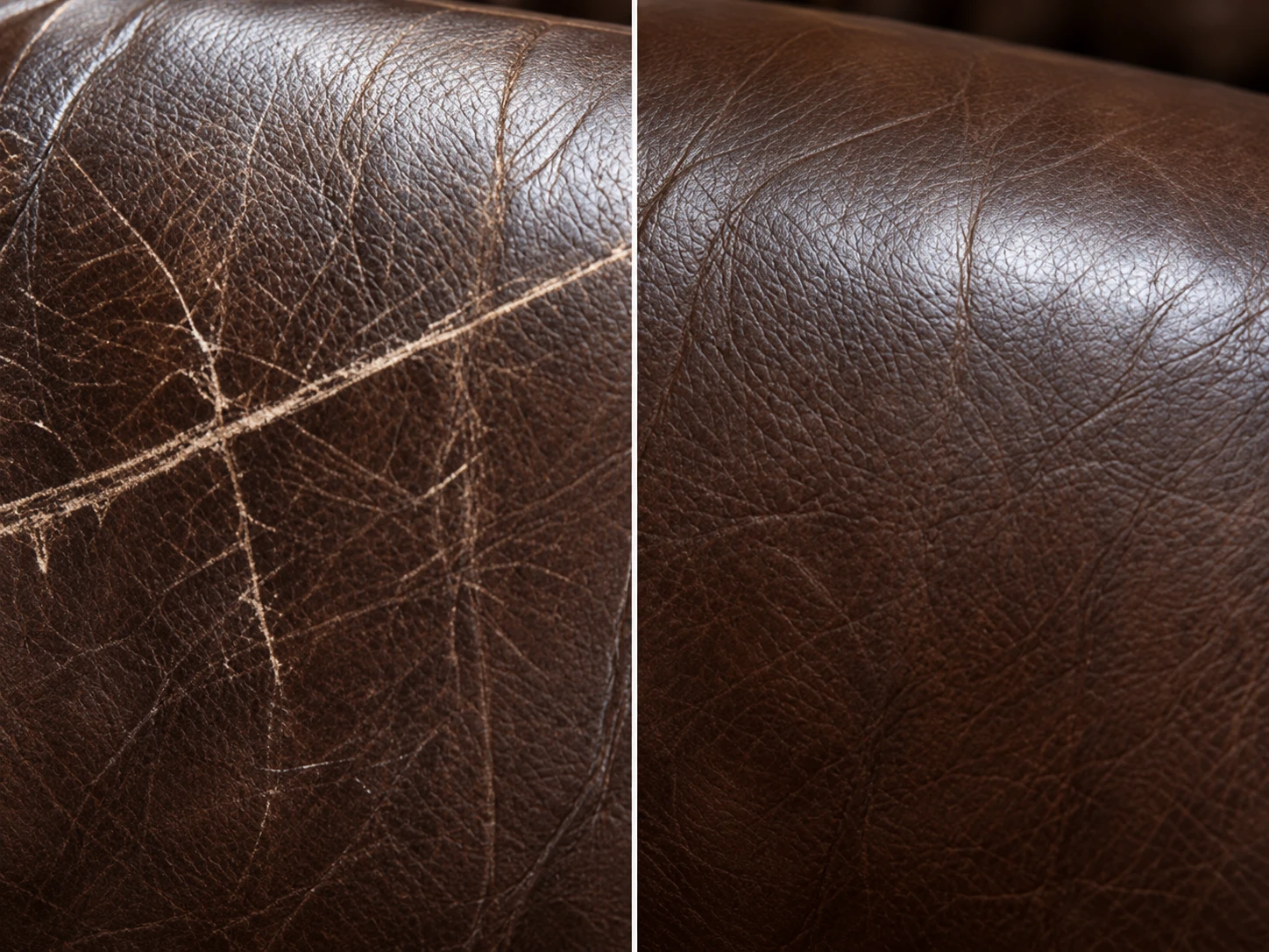 Scratched brown leather before and after repair