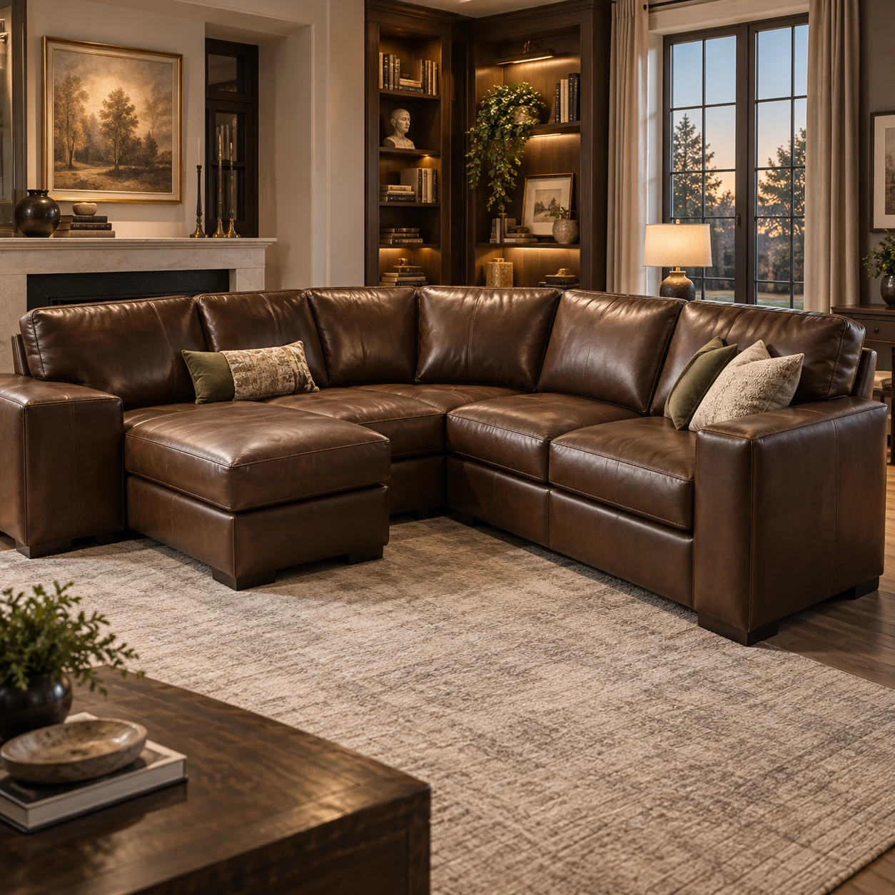 Brown leather sectional in a den