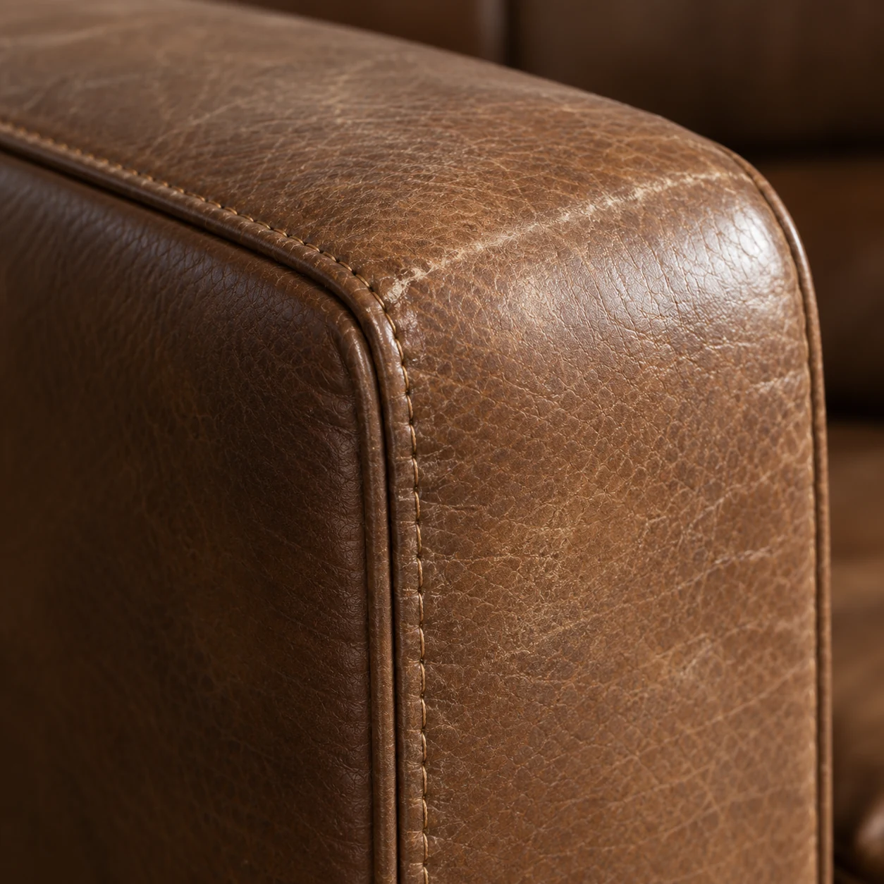 Stitching on a brown sectional outer arm