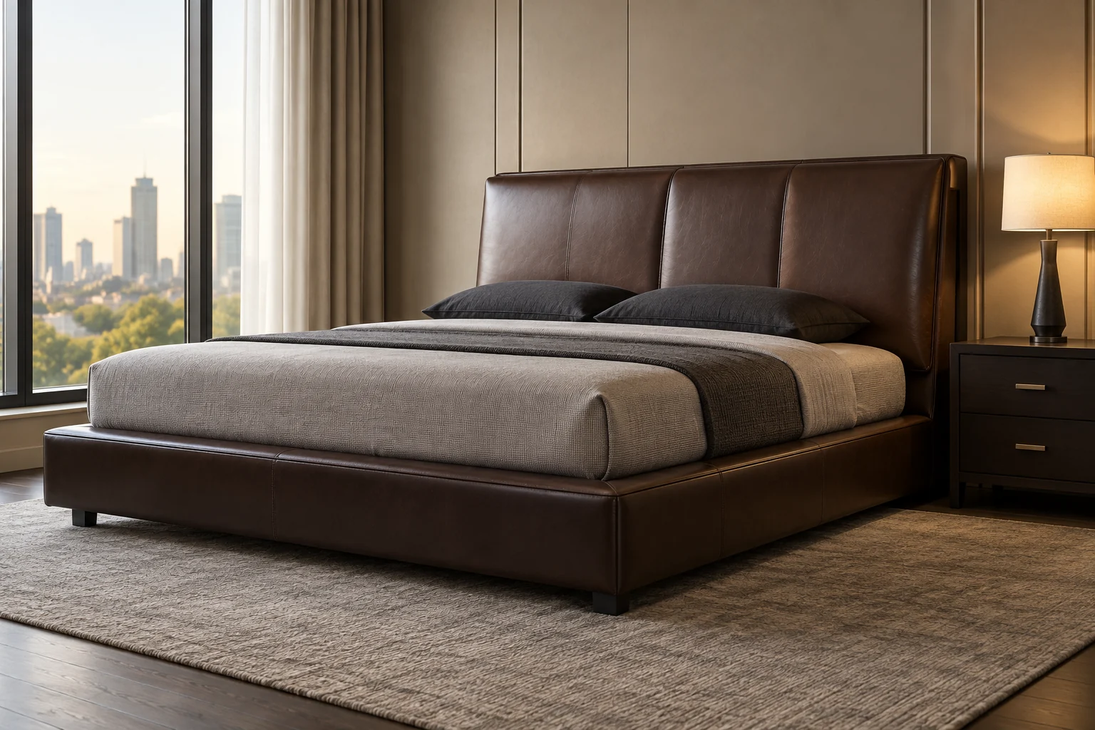 Brown low platform bed with a continuous wraparound upholstered base beside a city window