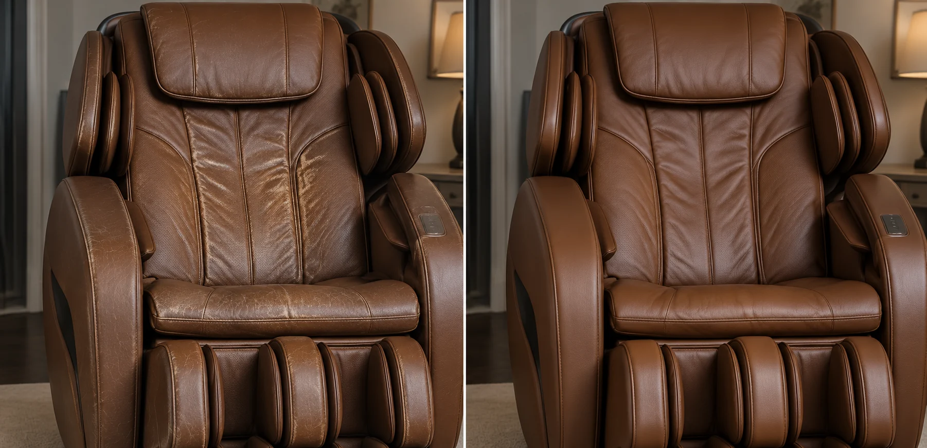 A brown leather massage chair before and after restoration, shown side by side