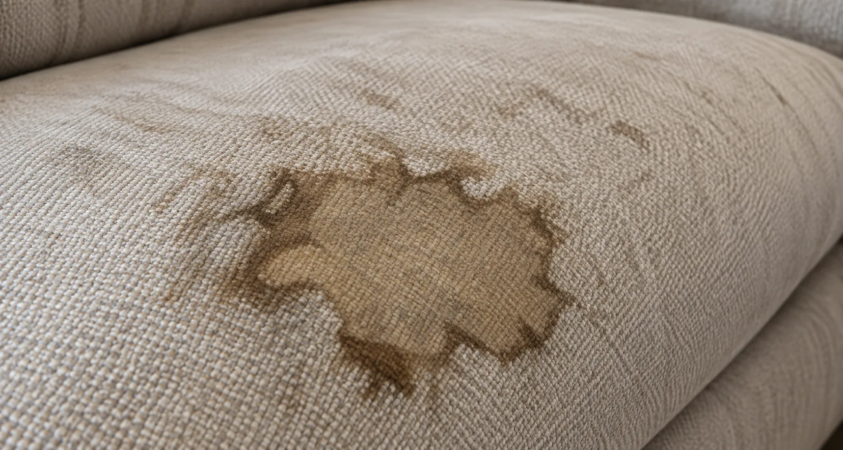 A brown stain spread across a pale fabric banquette seat
