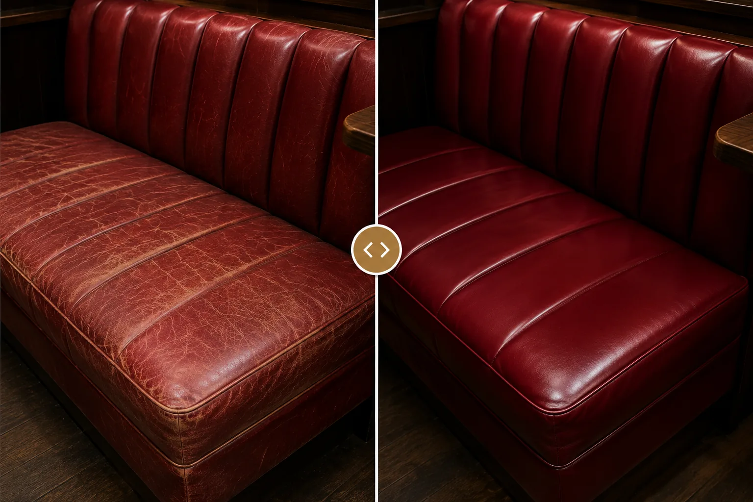 Red channeled leather banquette before and after reupholstery, faded cracked panels on the left and deep even red on the right