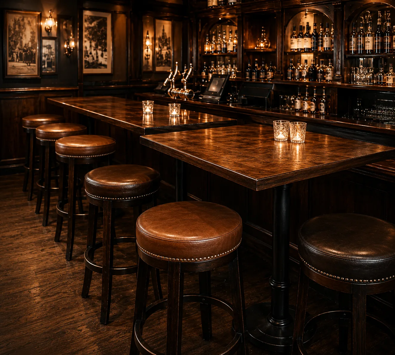 Wood bar tables and leather stools in a restaurant bar