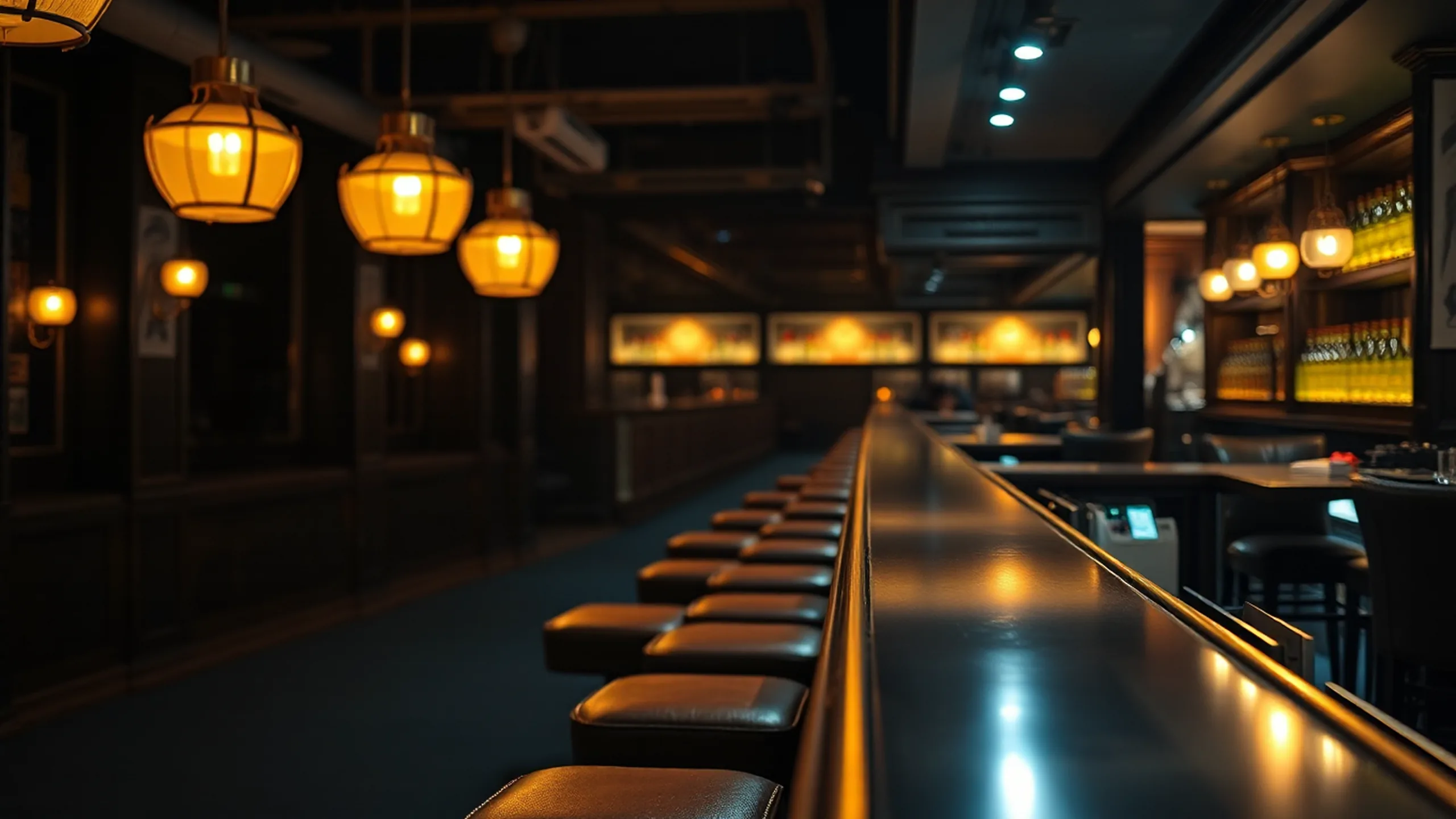 Long bar counter with stools under warm lights