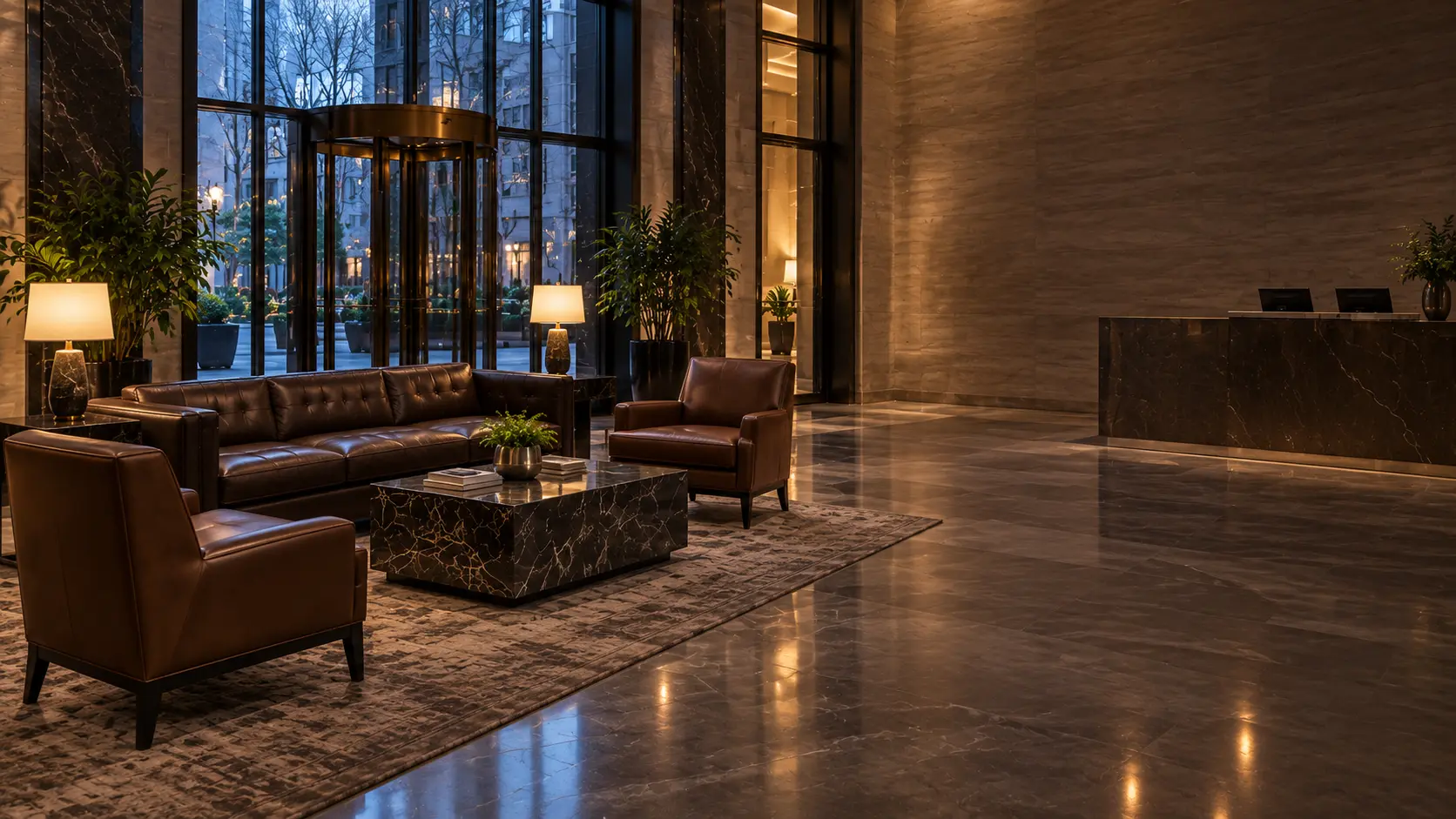Building furniture maintenance NYC: leather lobby seating clean and squared up early in the morning