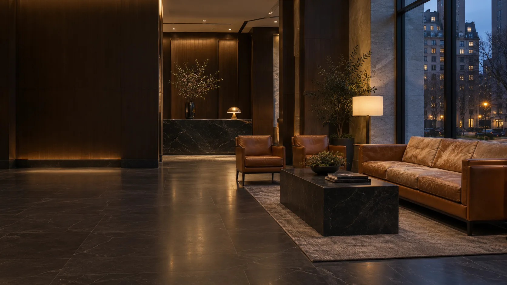Leather seating in a building lobby