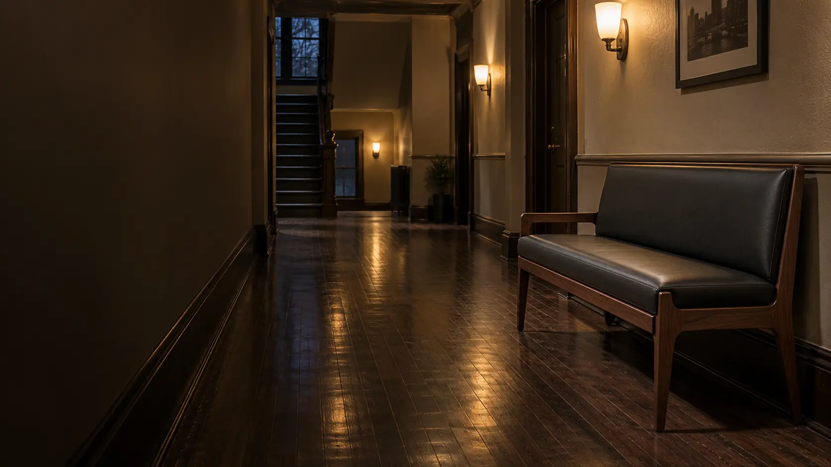 Quiet apartment building hallway in the evening