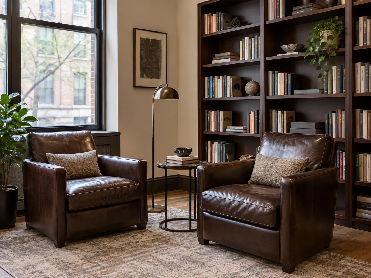 Leather reading chairs in a building library