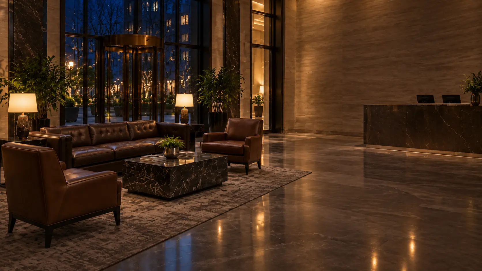 A building lobby in the evening with the furniture square and ready