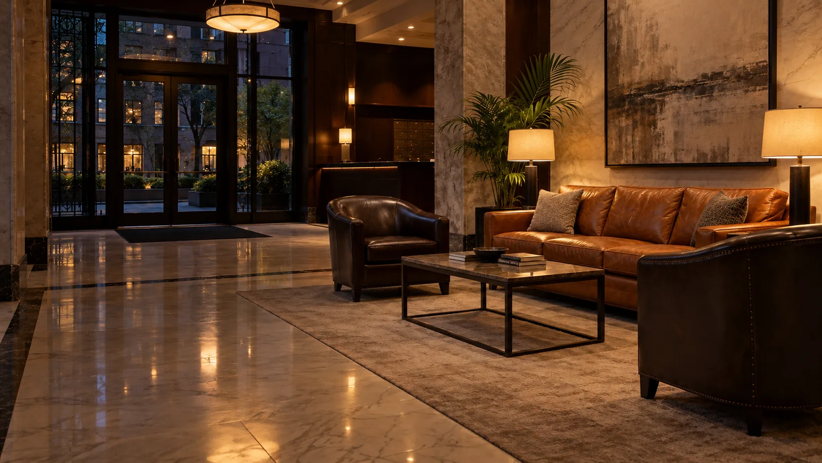A residential building lobby in the evening with reupholstered leather seating