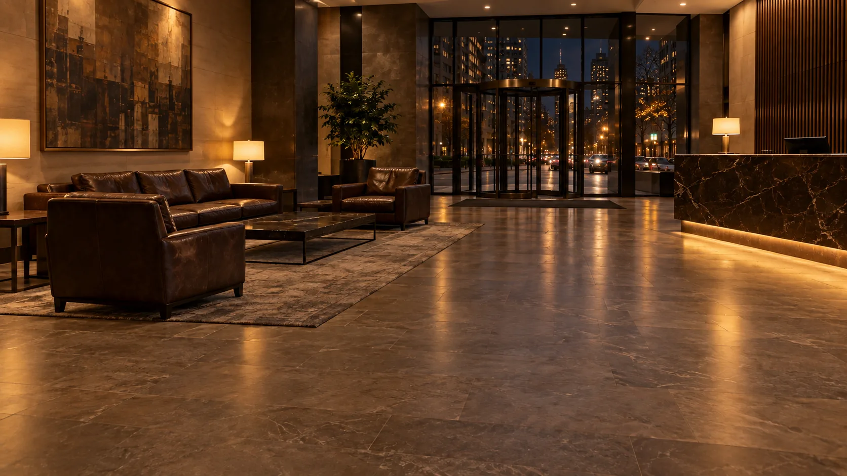 A residential building lobby at night with the furniture in order