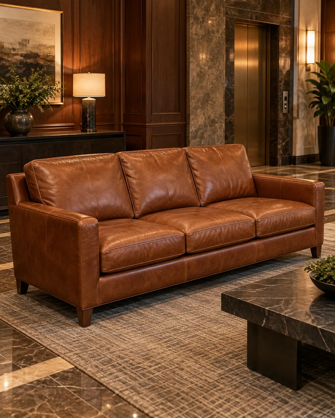 A cognac leather sofa in a residential building lobby