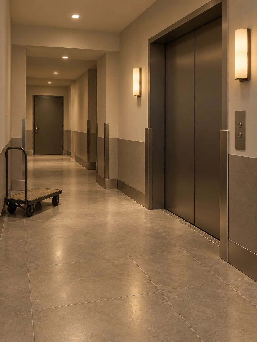 Service corridor leading to a freight elevator