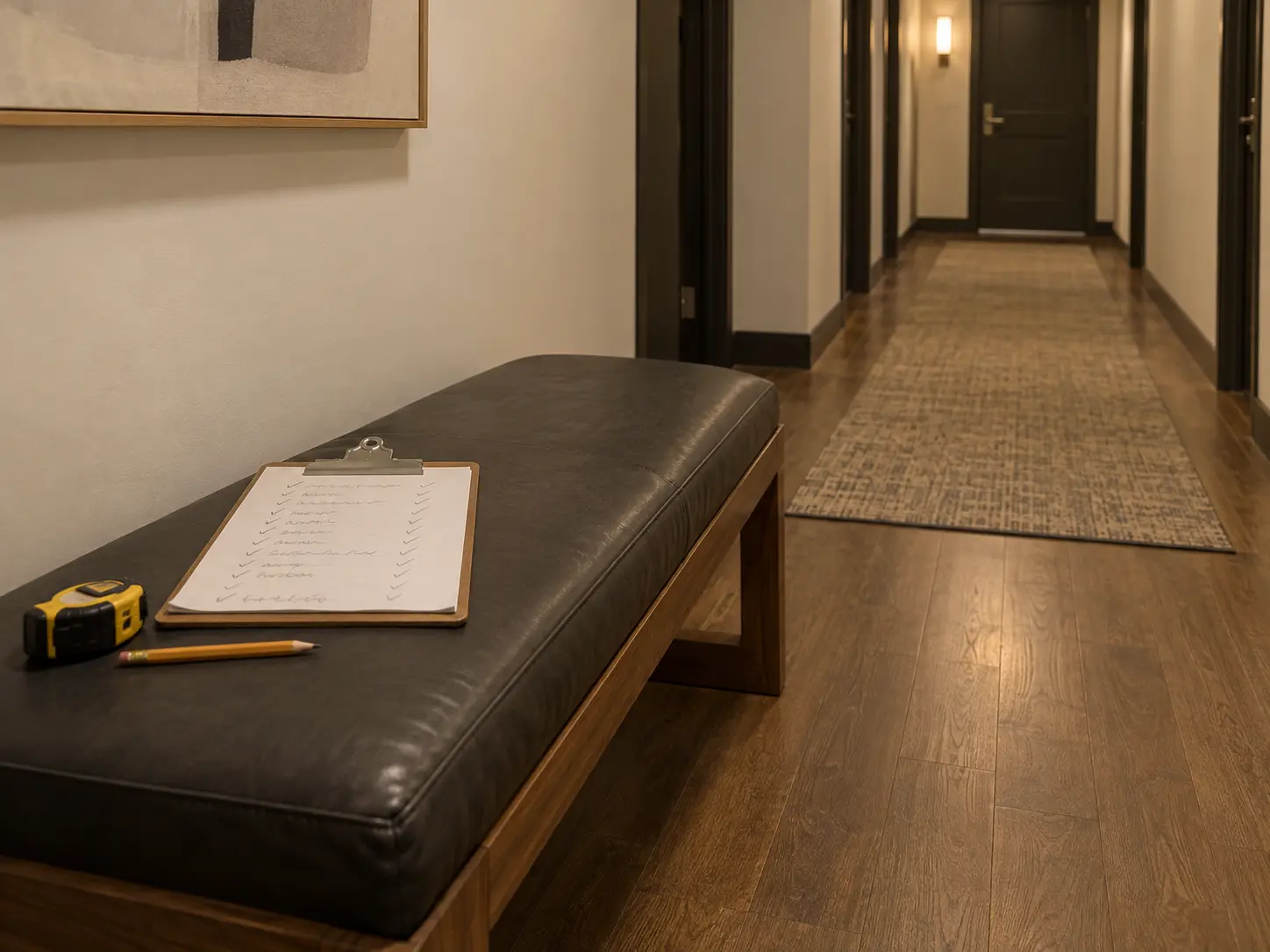Walk-up hallway with a repair list on a bench