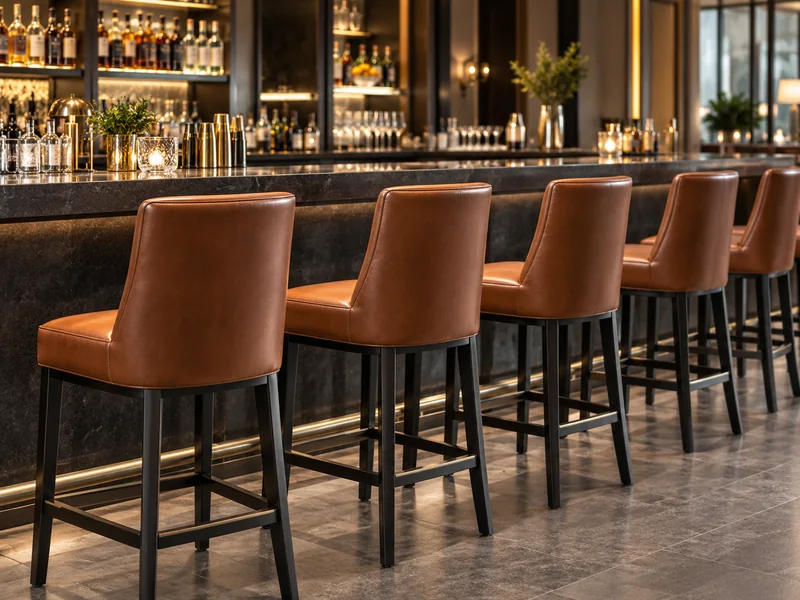 Cognac leather bar stools matched to one color across a venue