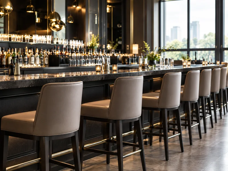 Taupe leather bar stools lined up in a bulk reupholstery batch