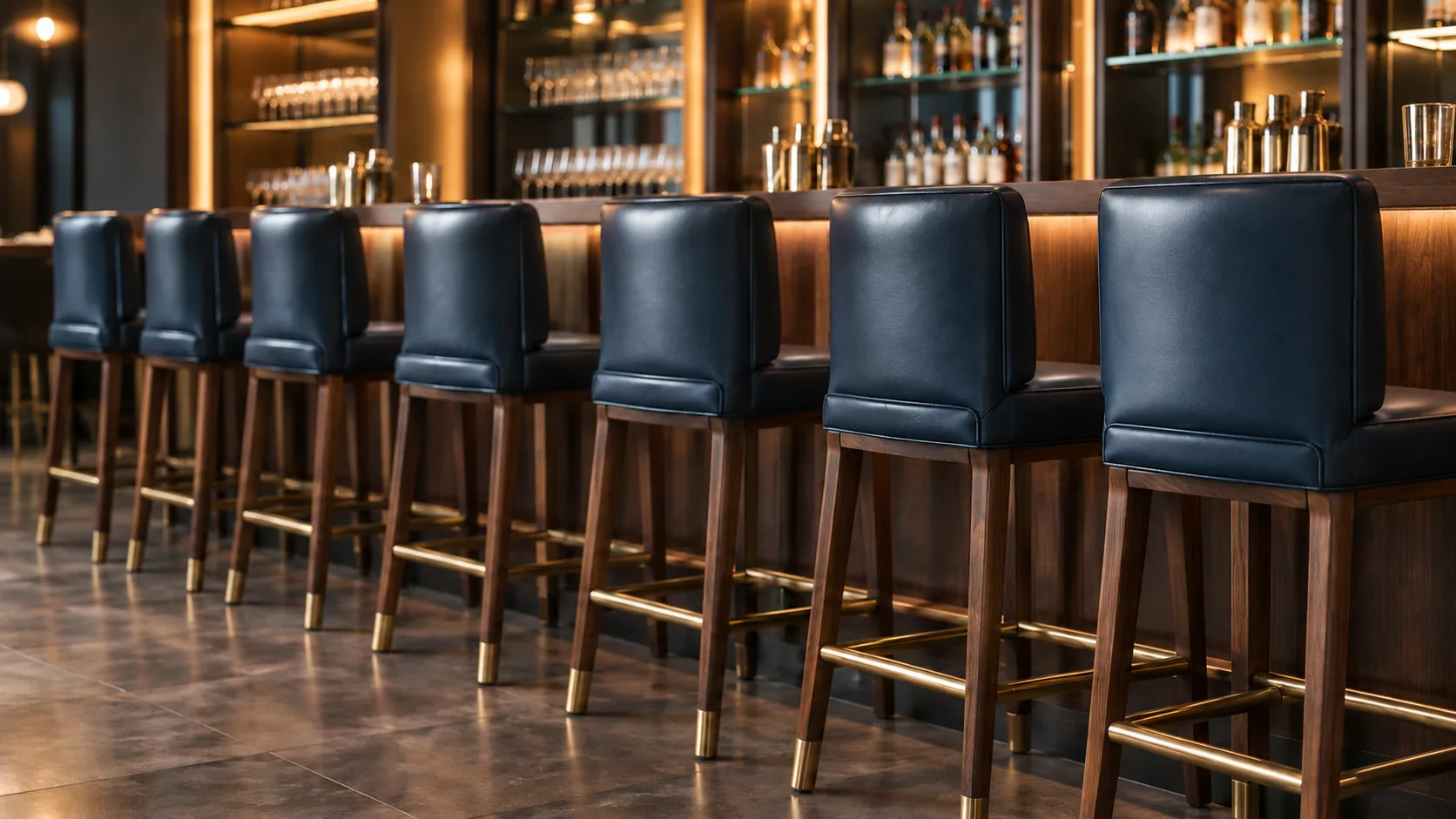 Navy leather bar stools along a bar counter