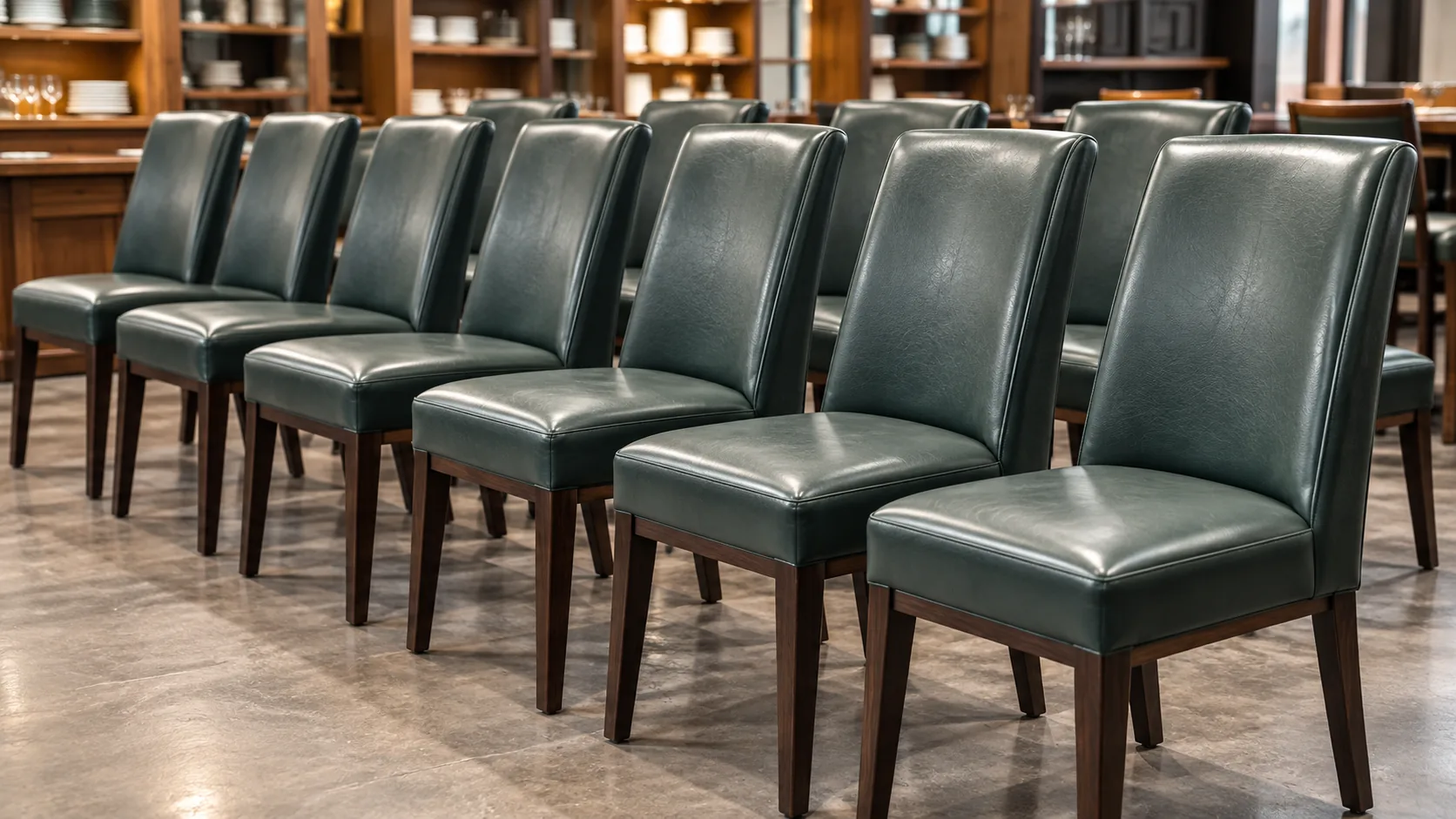 A row of dark green leather dining chairs in a restaurant, one matching set priced together