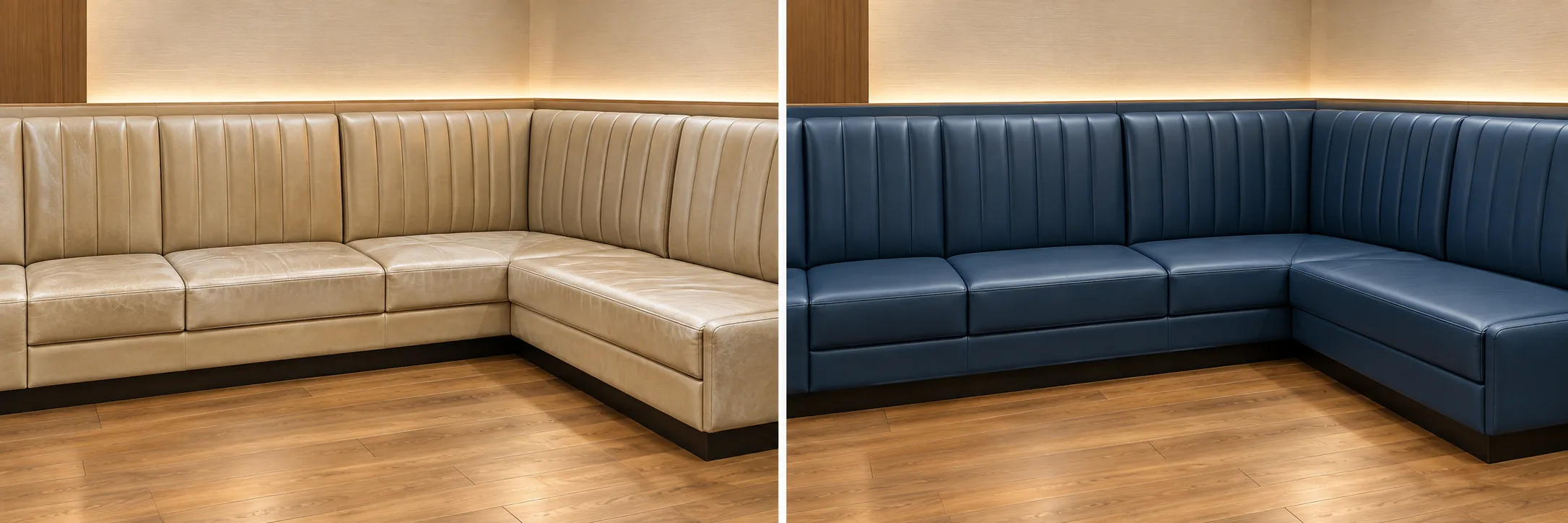 Hotel banquette before and after a bulk material replacement