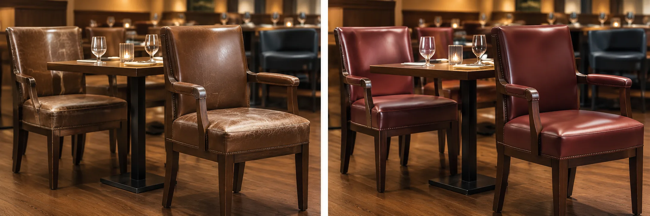 Restaurant dining chairs before and after reupholstery