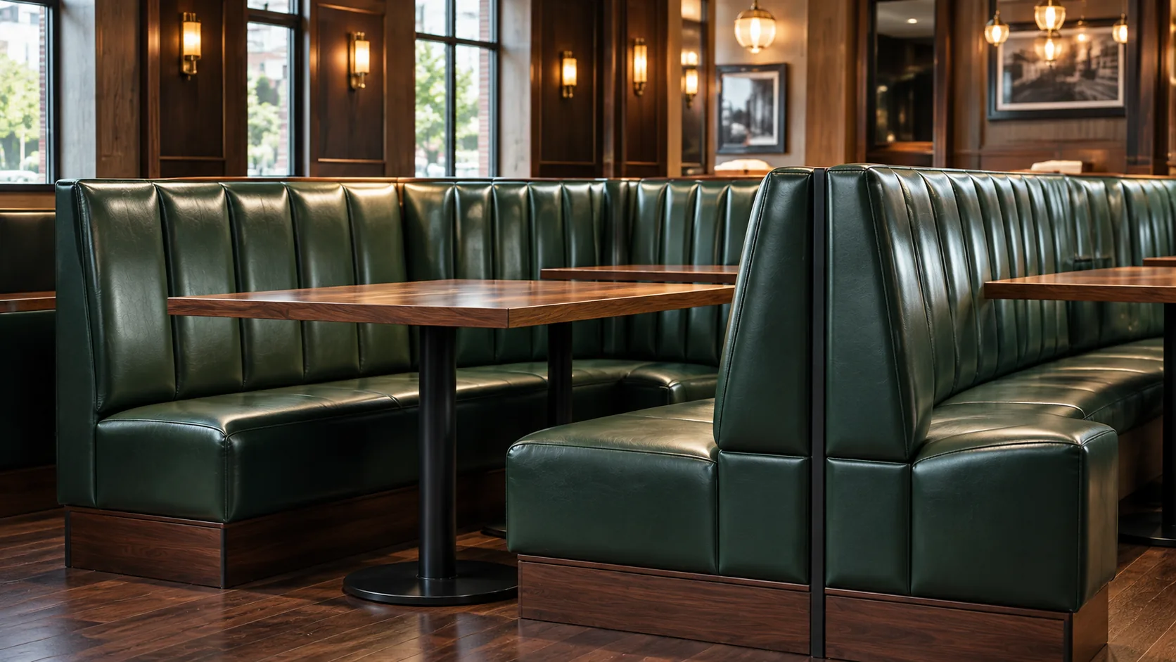 Green leather booths and banquette seating in a restaurant