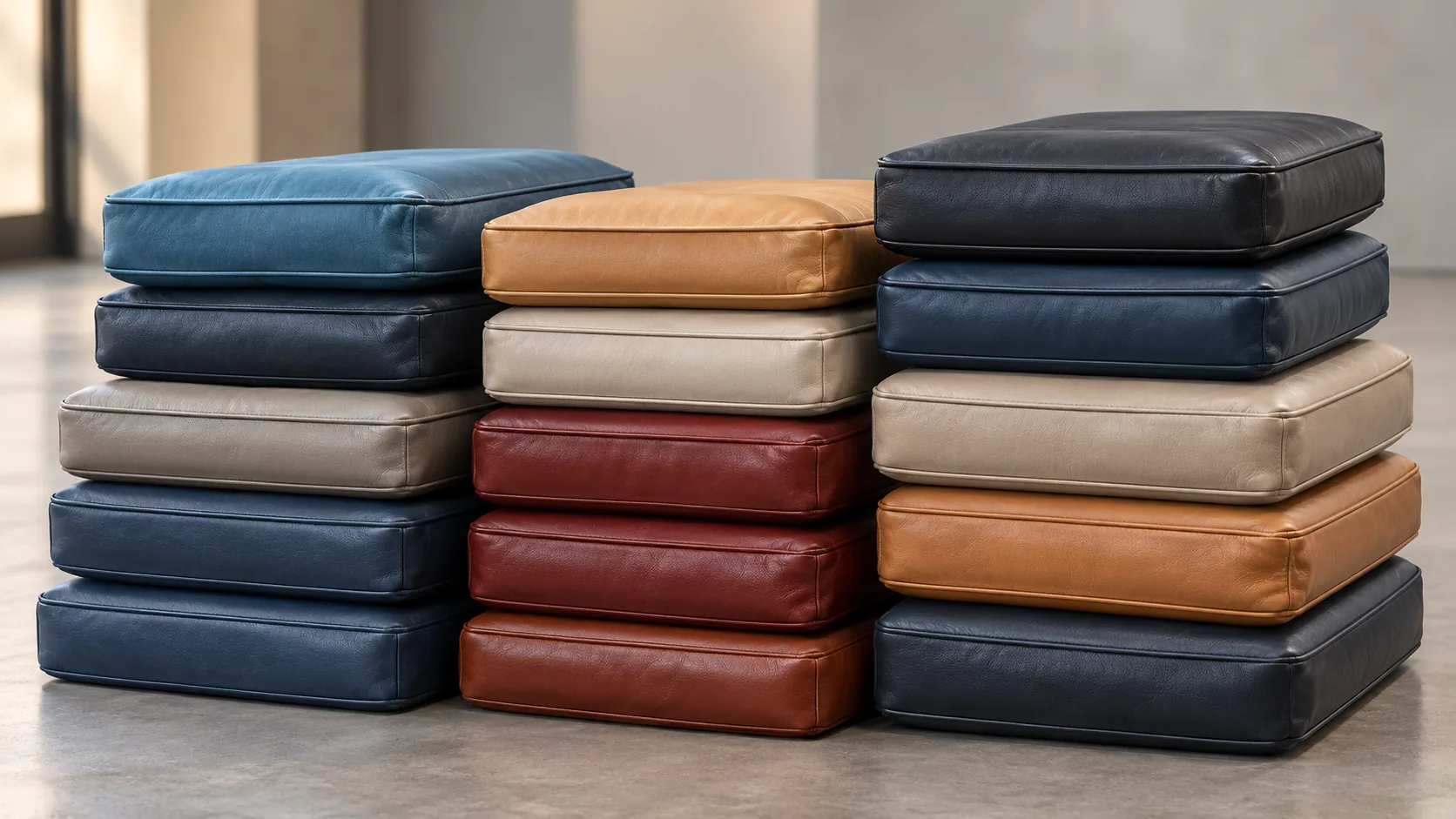 Stacked replacement seat cushions in navy, cream and red