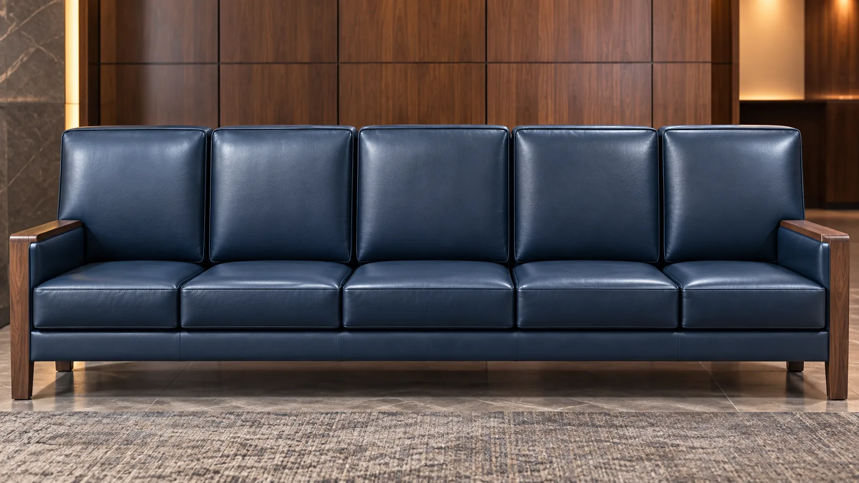 New navy leather bench seating installed in a commercial space