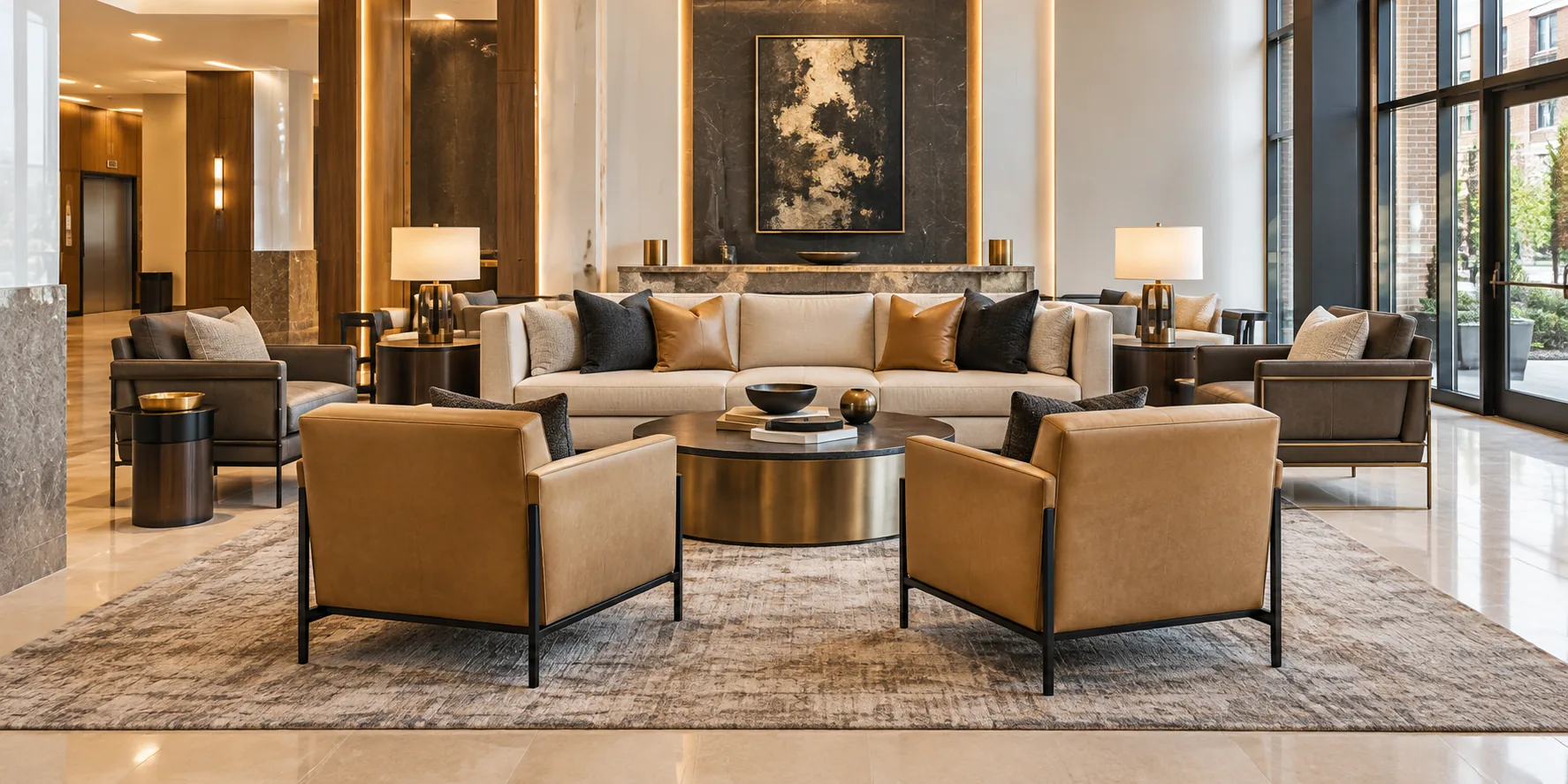 A large hotel lobby full of leather lounge seating
