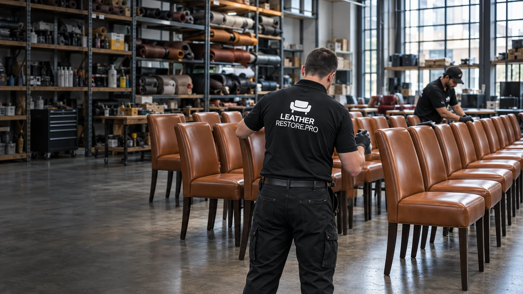 Technician working through rows of restaurant chairs during a bulk leather furniture repair project