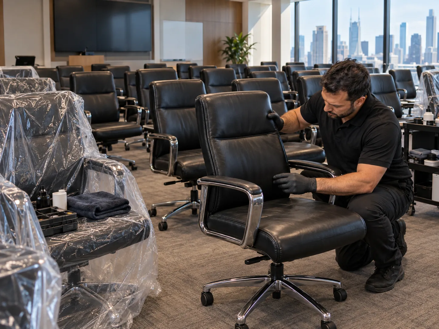Technician working through a floor of office chairs