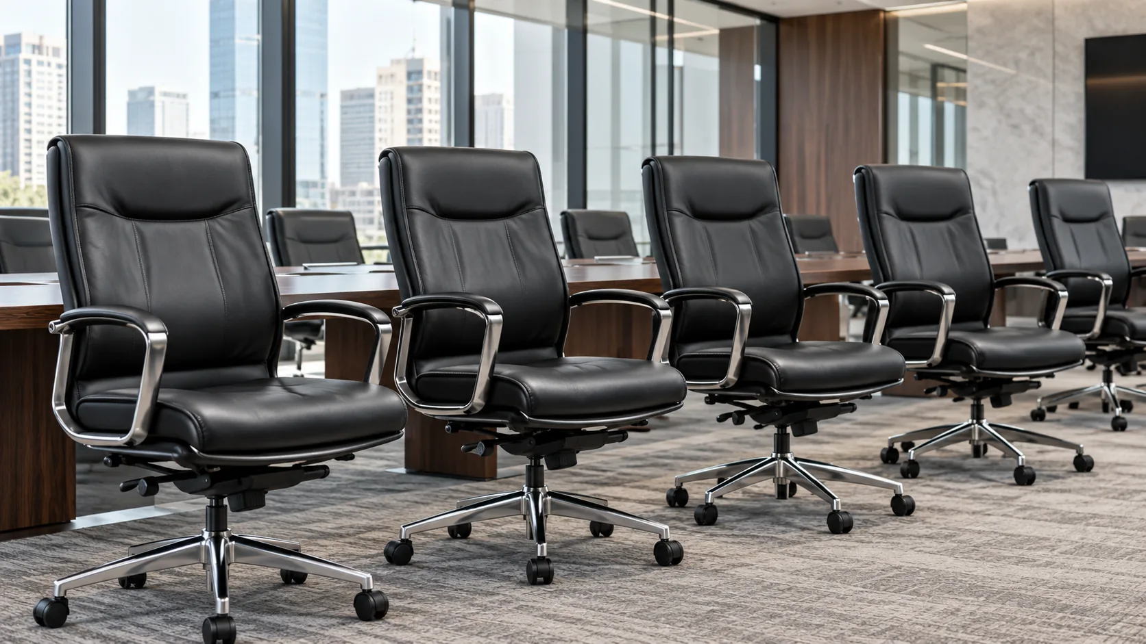 Rows of new black office chairs in a meeting room
